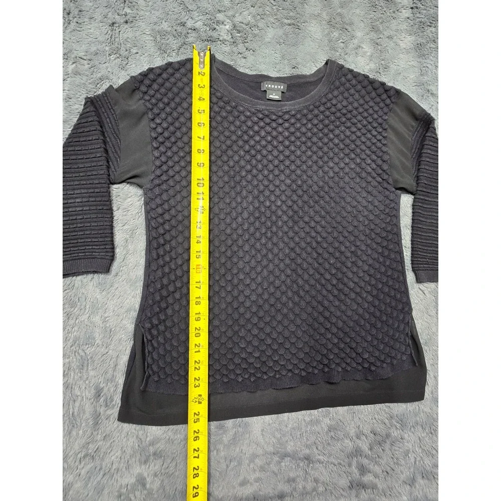 Trouve Black Popcorn Knit Mixed Media Sweater Crew Neck Women Medium HL288971